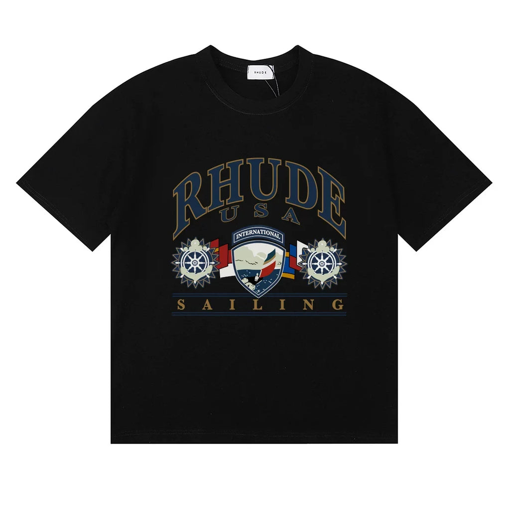 Rhude USA Sailing Crest Graphic Black Short Sleeve T‑Shirt