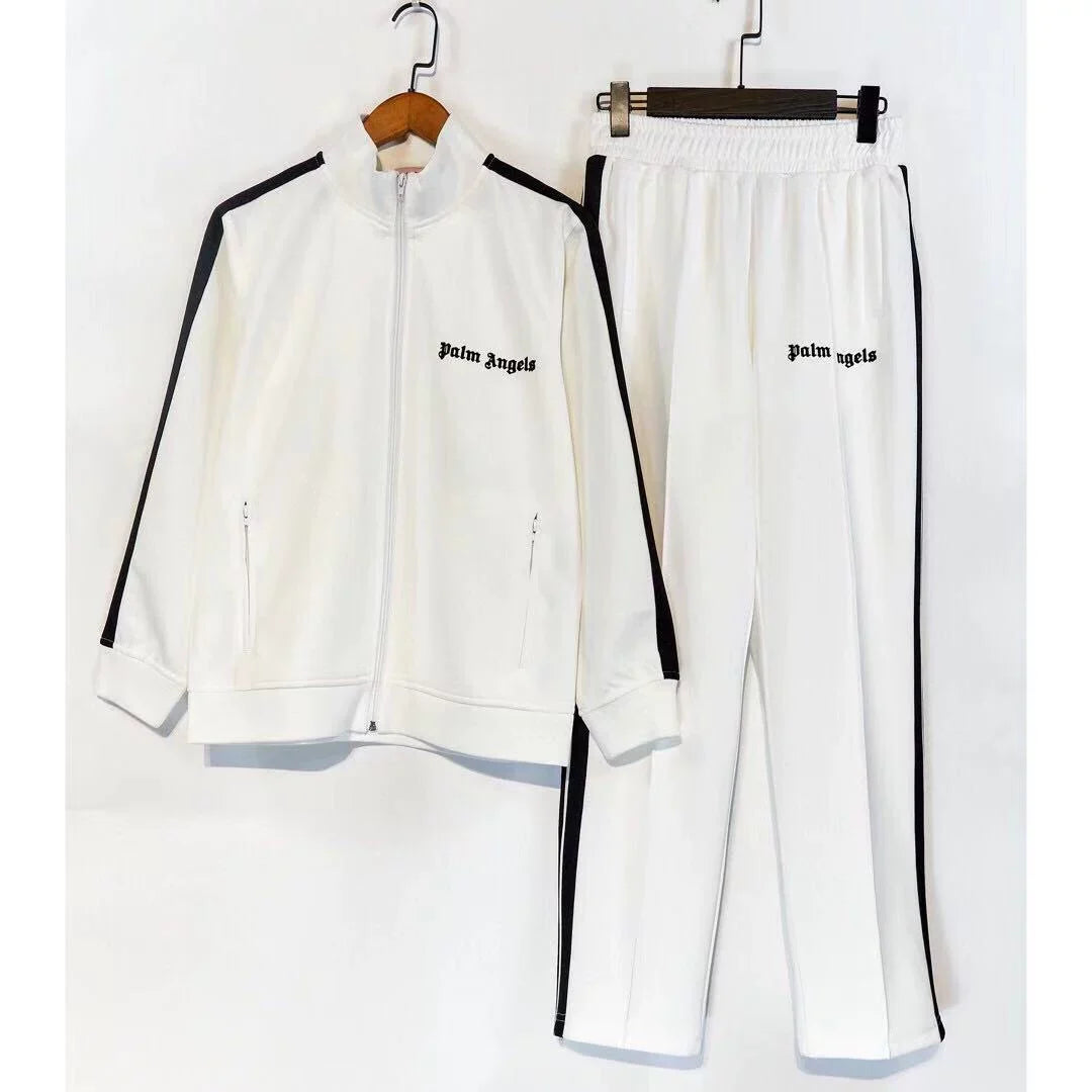 Palm Angels White Side Stripe Track Suit 2Pcs Zip Up Jacket + Straight Sweatpants Unisex Outfit