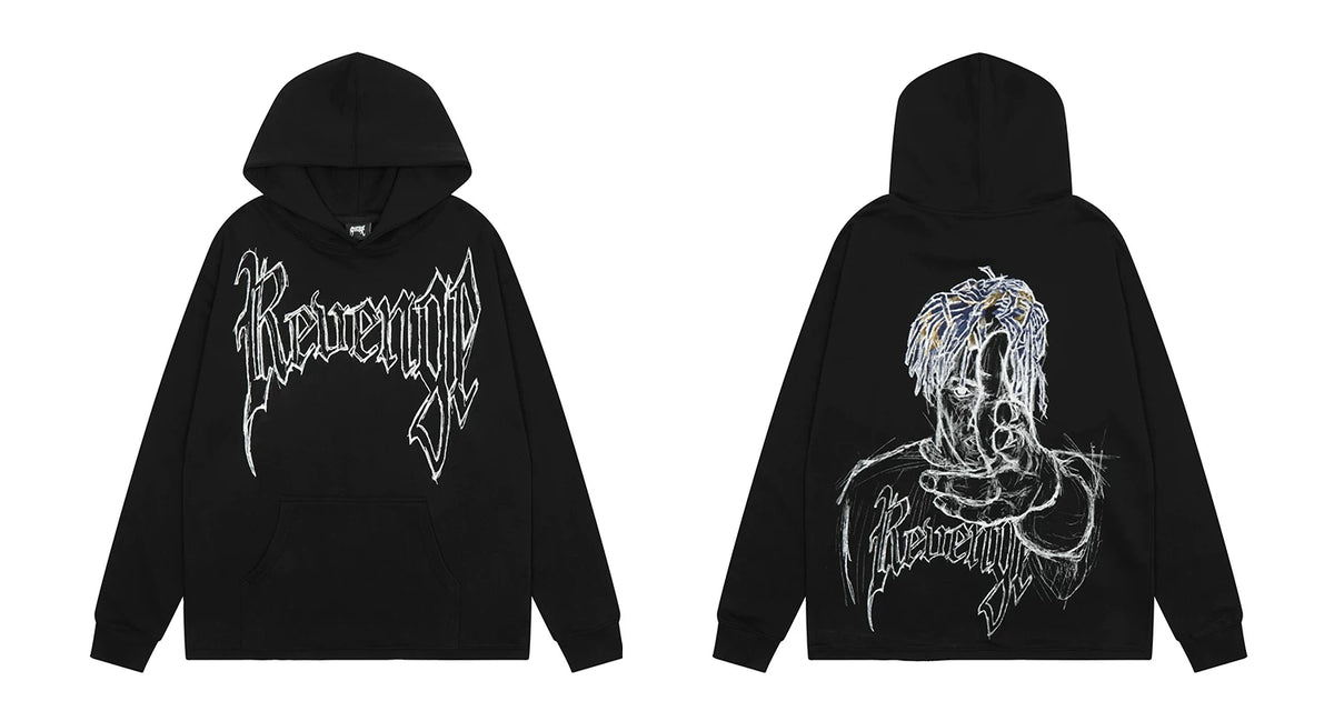 Revenge White Gothic Script Sketch Portrait Hoodie