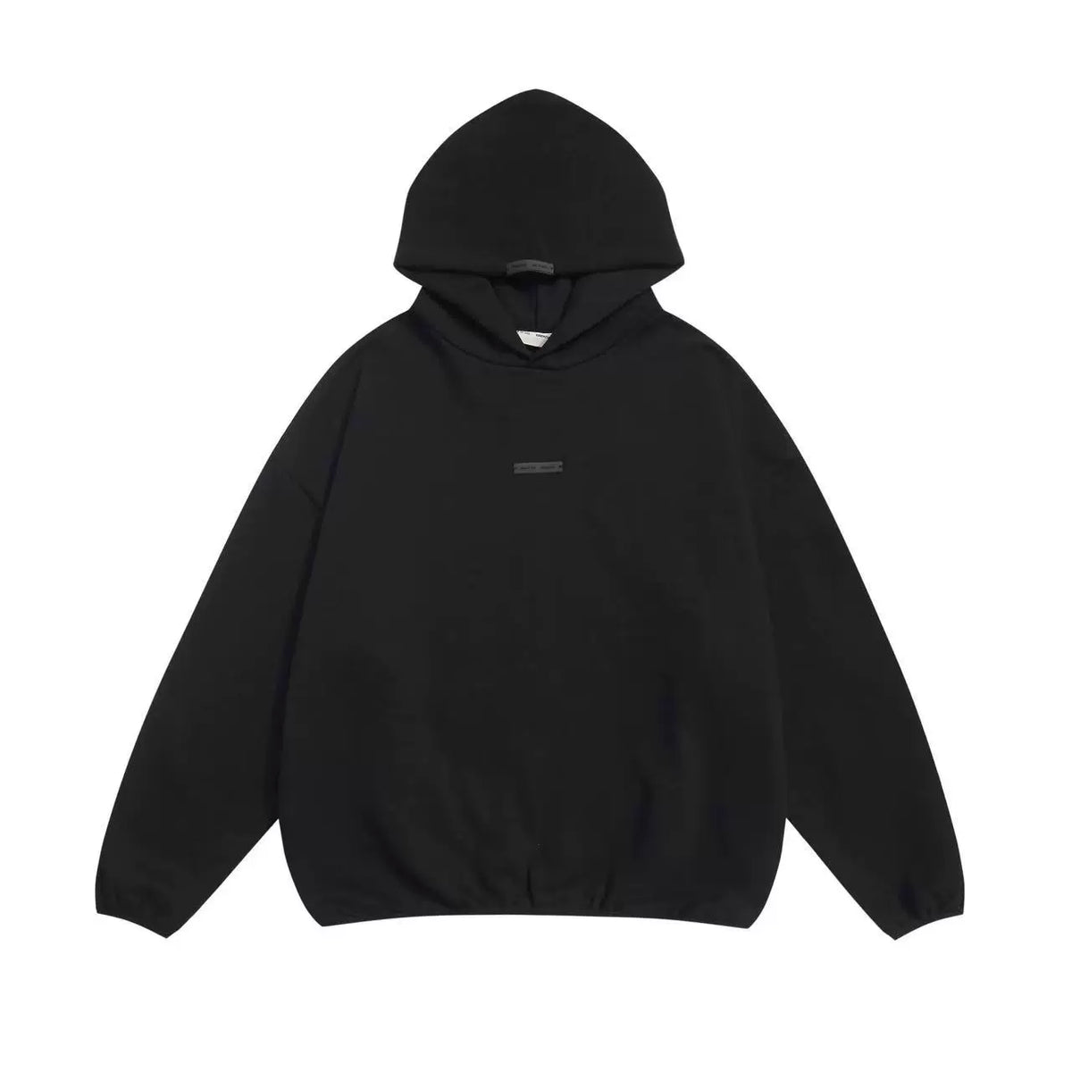 Fog Essentials Plain Black Tiny Tag Hoodie, Oversized Minimal Street‑Wear Pullover Sweatshirt