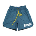 Rhude Bold Logo Yellow Drawstring Teal Streetwear Board Shorts
