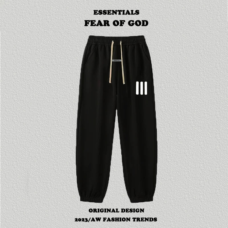 Fog Essentials Black Fleece‑Lined Jogger Pants White 3‑Strip Print Warm Winter Sweatpants