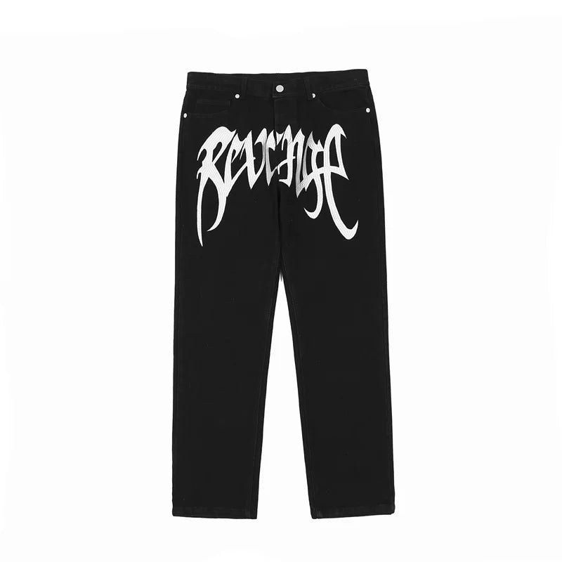 Revenge Large White Gothic Embroidered Logo Straight‑Leg Black Jeans