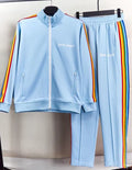 Palm Angels Light Blue Rainbow Stripe Tracksuit 2Pcs Zip Jacket + Straight Sweatpants Unisex Street Outfit