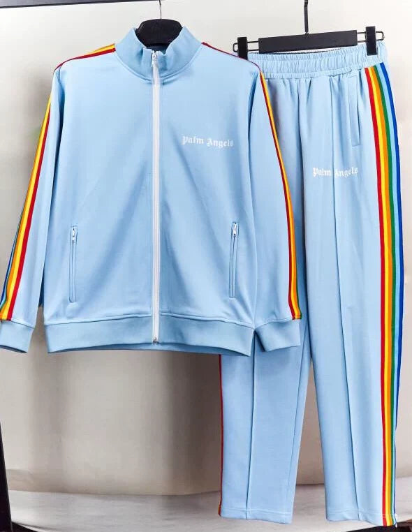 Palm Angels Light Blue Rainbow Stripe Tracksuit 2Pcs Zip Jacket + Straight Sweatpants Unisex Street Outfit