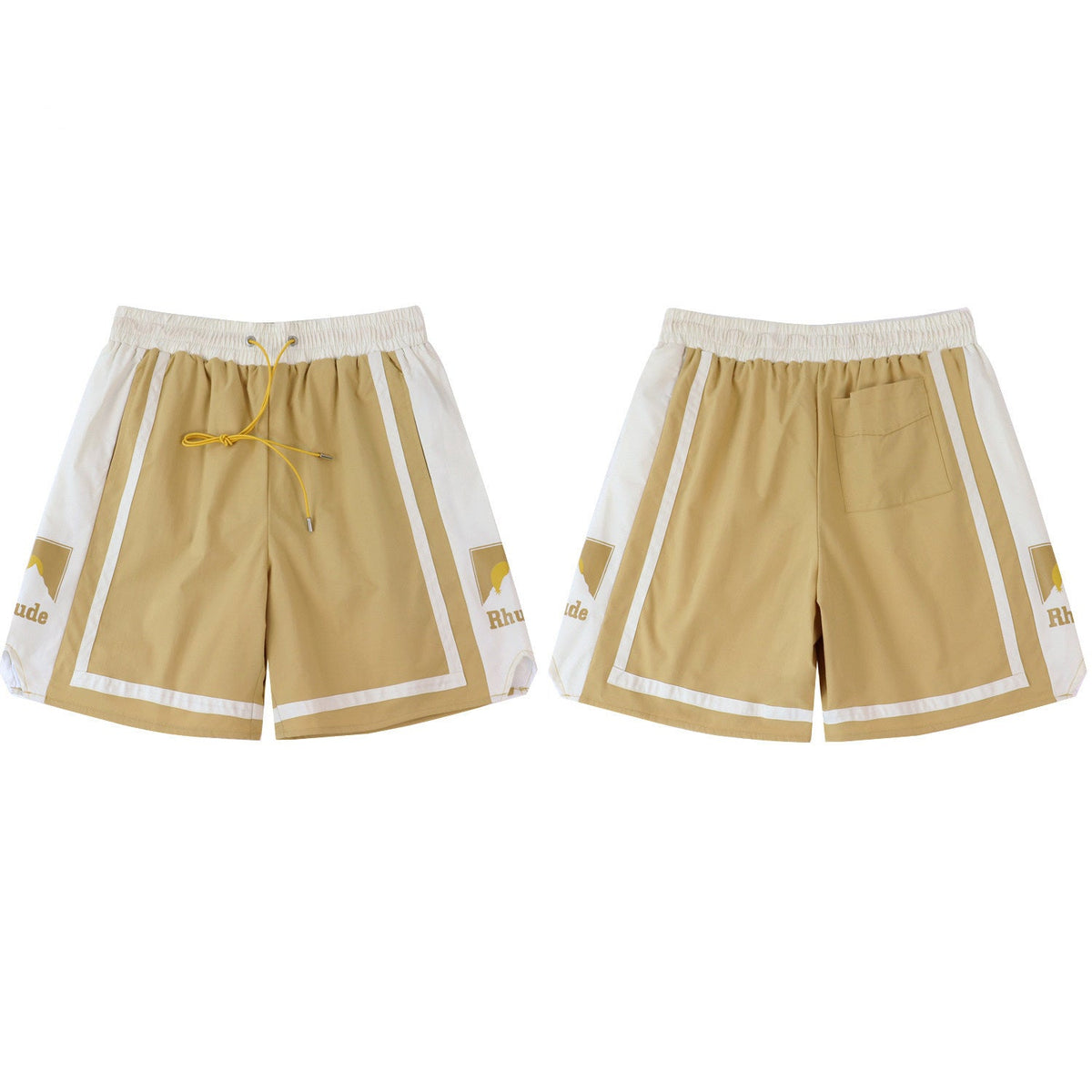 Rhude Khaki‑Off‑White Color‑Block Mountain Logo Drawstring Streetwear Shorts