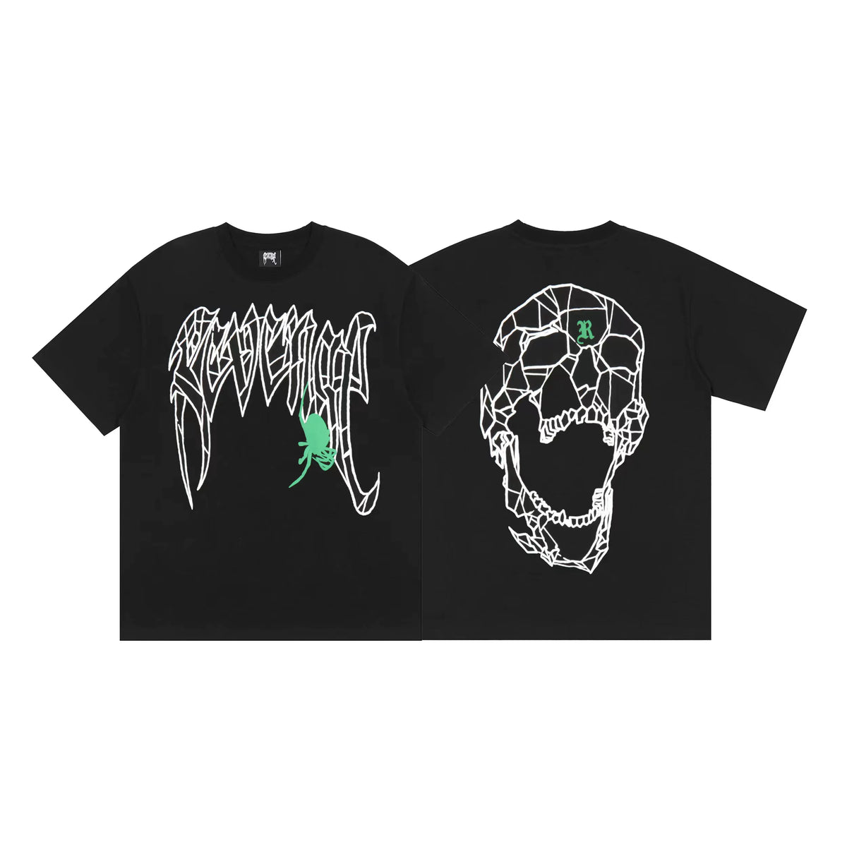 Revenge Green‑Accent Spider Polygon Skull Graphic T‑Shirt