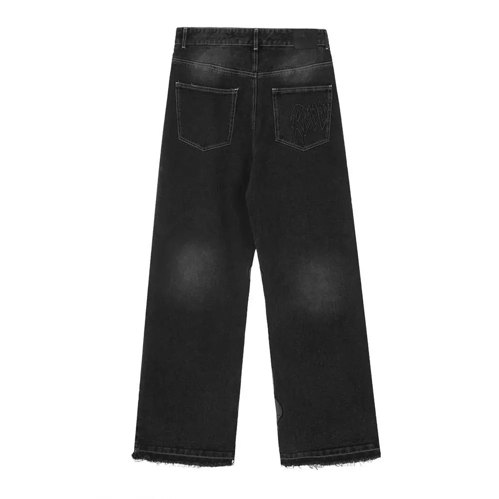 Revenge Stacked Skull Embroidered Wide‑Leg Black Washed Jeans