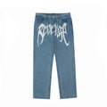 Revenge Large White Gothic Embroidered Logo Straight‑Leg Light Blue Jeans