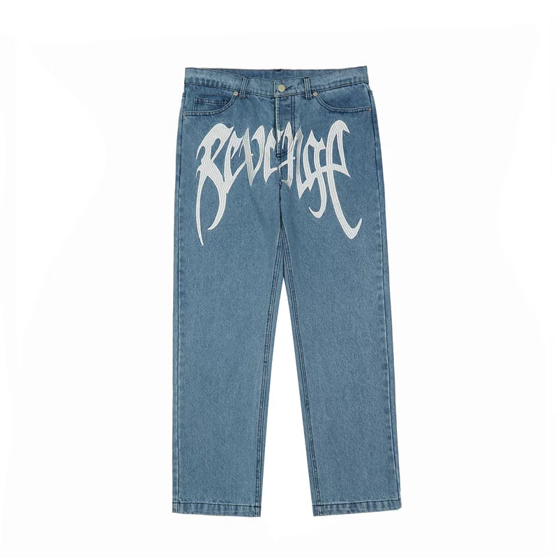 Revenge Large White Gothic Embroidered Logo Straight‑Leg Light Blue Jeans