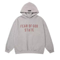 Fog Essentials Light‑Grey Heather Oversized Hoodie Red “FEAR OF GOD STATE” Graphic