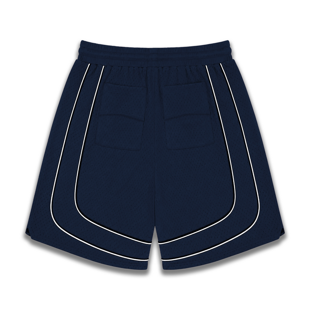 Rhude R‑Logo White Piping Navy Basketball‑Style Drawstring Streetwear Shorts