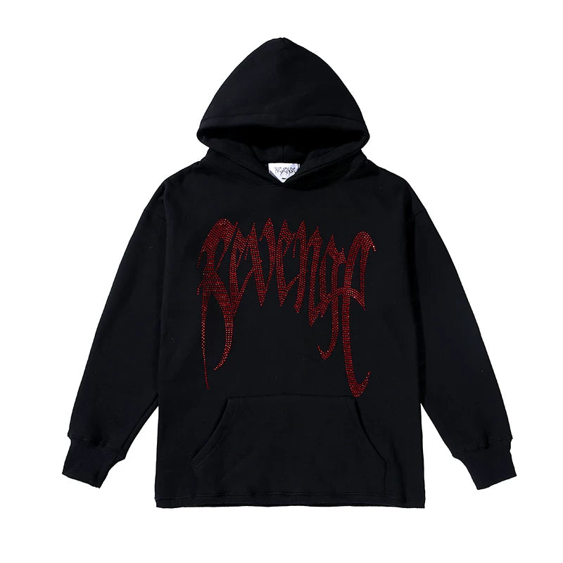 Revenge Red Rhinestone Gothic Script Logo Pullover Hoodie