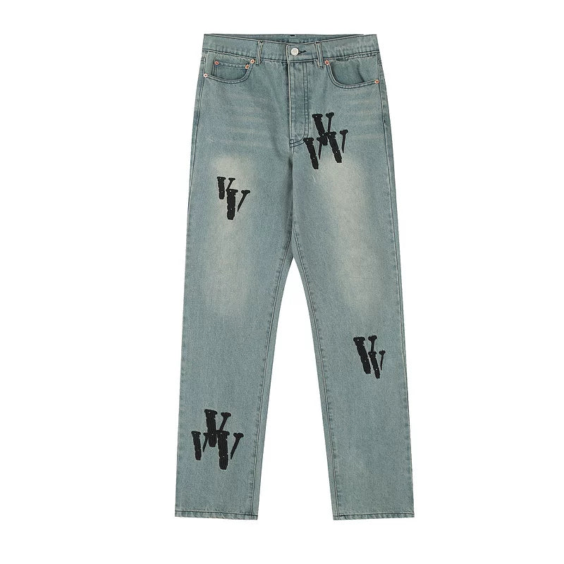 VLONE Black Embroidered Big V Straight‑Leg Jeans