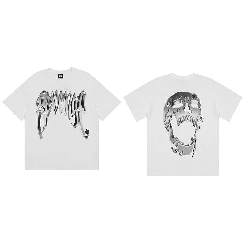 Revenge Silver 3D Chrome Screaming Skull Graphic T‑Shirt