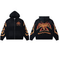 Valley Dreams Waffle‑Knit Flame‑Sleeve Zip‑Up Hoodie, Black Vintage Washed Oversized Streetwear Unisex Jacket