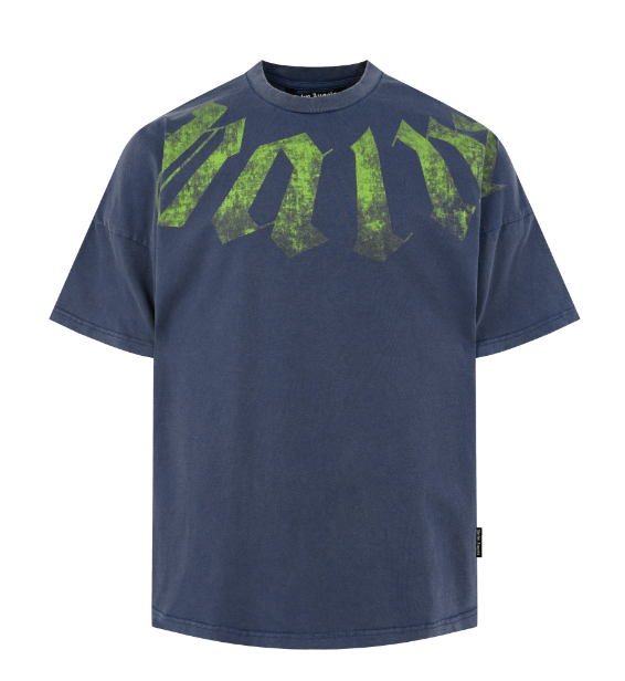 Palm Angels Navy Washed Green Gothic Print Tee