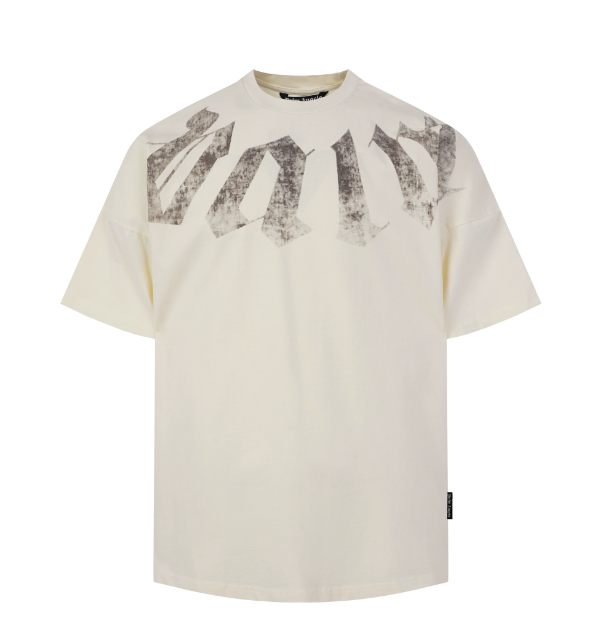Palm Angels Cream Washed Grey Gothic Print Tee