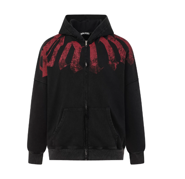 Palm Angels Black Zip Up Hoodie with Red Gothic Print