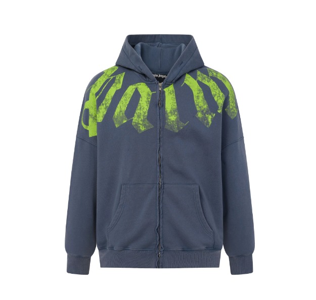 Palm Angels Slate Blue Zip Up Hoodie with Neon Green Gothic Print
